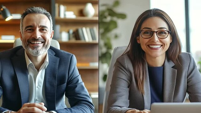 CEO video call across continents in split-screen format, blurred backgrounds