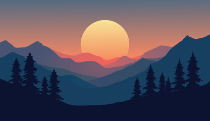 A serene minimalist illustration of a mountain range at sunset. The artwork features layered mountains in varying shades of blue, with a soft gradient sky transitioning from orange to yellow around th
