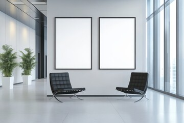 Two blank framed posters above black barcelona chairs in a modern minimalist office space area