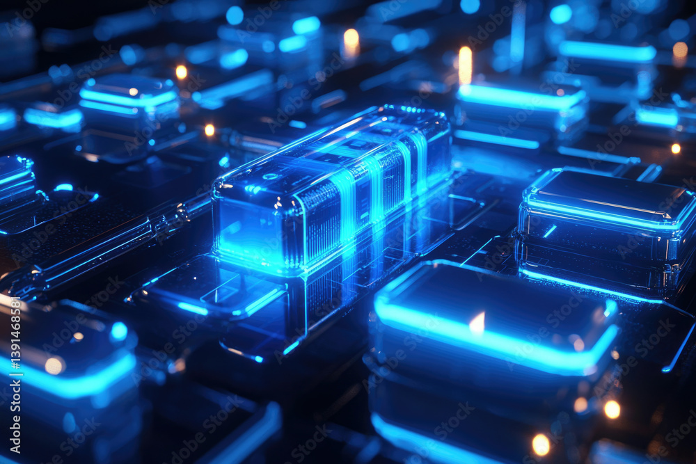 Poster abstract futuristic technology background with glowing blue neon lights and glass components. shows 