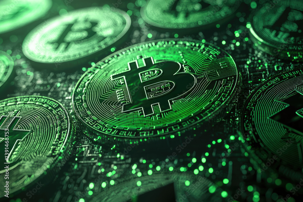 Poster close-up of glowing green bitcoin cryptocurrency coins on a circuit board background.