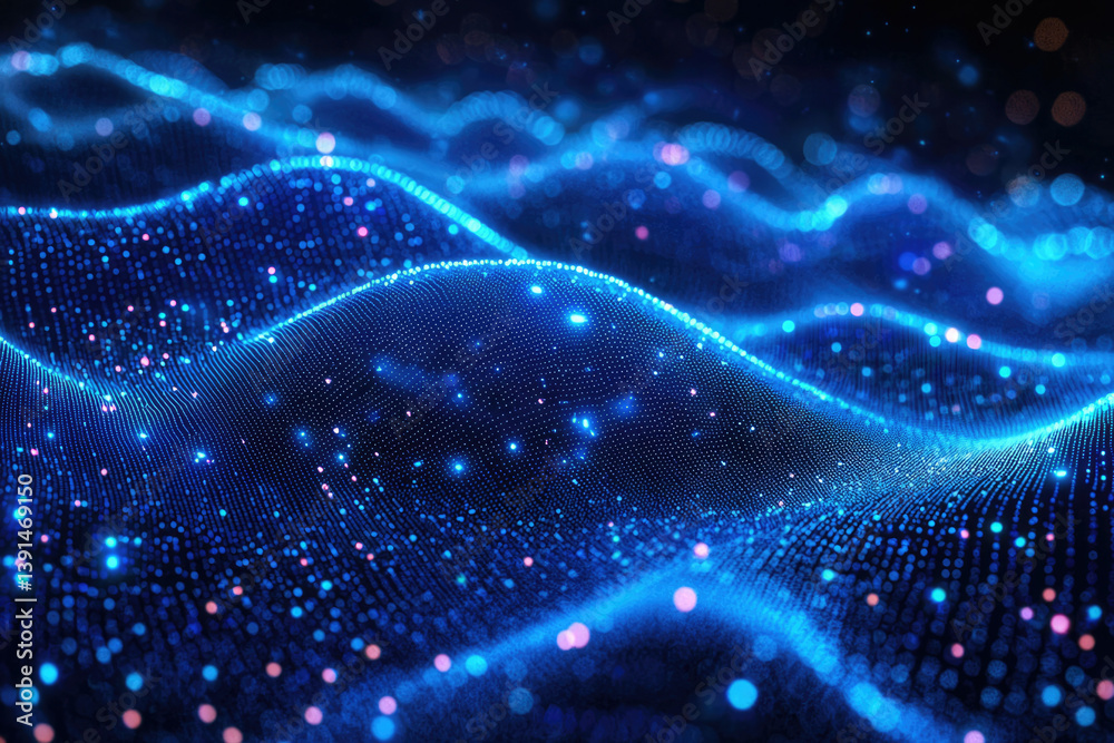 Aufkleber abstract blue wave of glowing particles, digital technology and data flow concept.
