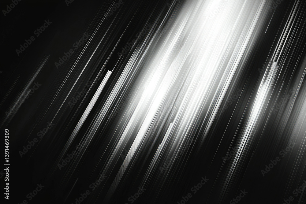 Poster Abstract grayscale image featuring dynamic diagonal lines radiating from a bright light source.