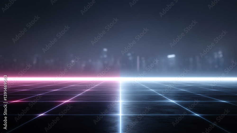 Poster futuristic grid background with glowing neon lines and misty cityscape
