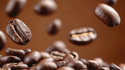 Fototapeta premium Roasted coffee beans in motion, suspended in the air above a pile of beans