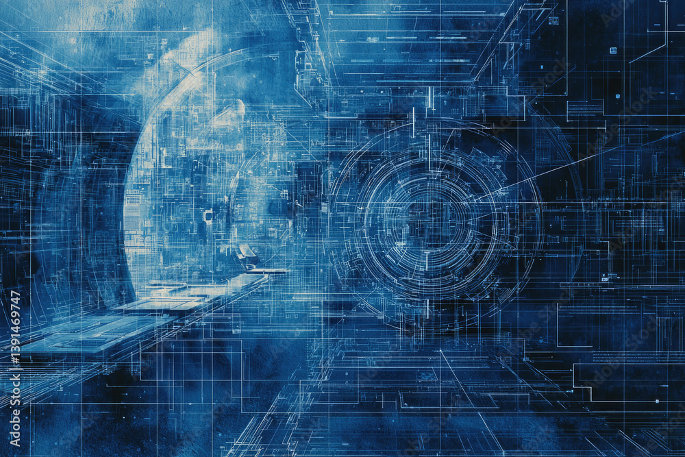 Poster abstract digital artwork depicting a futuristic technological landscape with intricate circuitry and