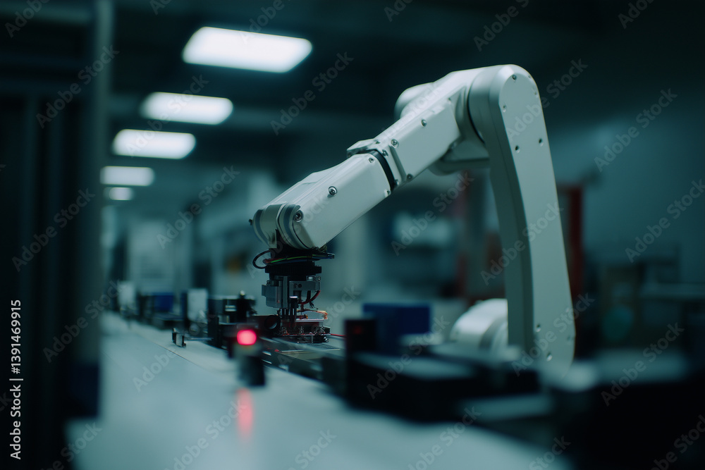 Poster robotic arm working on assembly line in factory setting, showcasing precision and technology