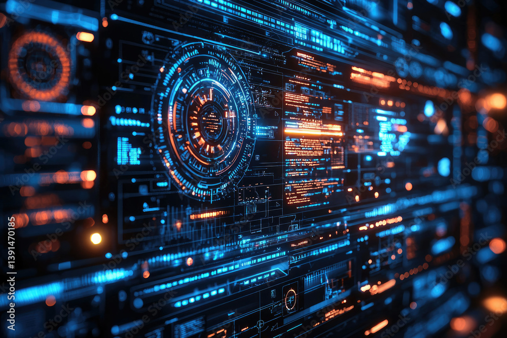 Aufkleber Abstract futuristic digital interface with glowing blue and orange elements, representing data streams and technological advancement.