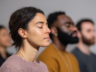 diverse group of people meditating together in calm setting
