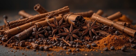 A collection of aromatic cinnamon sticks and various colorful spices, including vibrant red paprika, golden turmeric, and earthy cumin, arranged artfully on a rustic wooden surface.