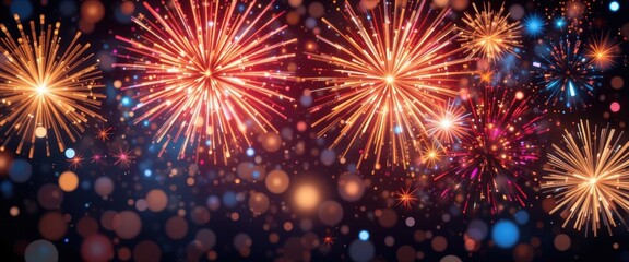 Fototapeta premium A vibrant display of colorful fireworks bursts against a deep black sky, illuminating the night with dazzling reds, blues, and greens, creating a festive and celebratory atmosphere.