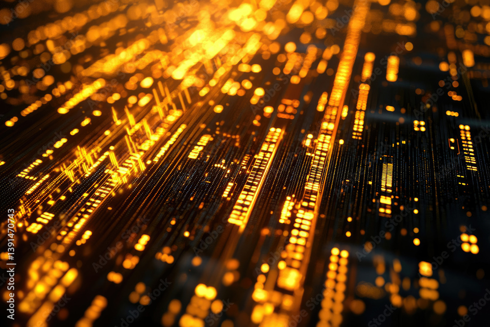 Poster Abstract digital data streams, glowing orange lines and nodes on a dark background, representing information flow.