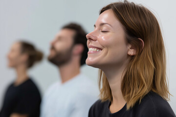 group of people enjoying guided relaxation session, smiling and relaxed