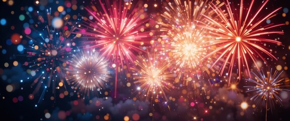 Fototapeta premium A vibrant display of colorful fireworks bursts in the night sky, illuminating the darkness with dazzling reds, blues, and golds, creating a festive atmosphere filled with excitement.
