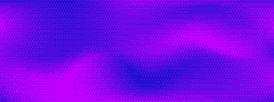 Blue and purple neon gradient vector background with abstract texture. Glitch effect and noise, featuring a pixelated pattern and bitmap distortion for a futuristic look.
