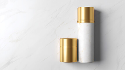 Elegant skincare bottles with gold caps on marble background. Minimalist and luxurious design