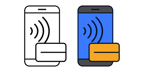NFC payment icon with smartphone and contactless signal. Secure wireless transaction symbol in outline and color style.