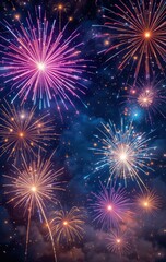 Naklejka premium A vibrant display of colorful fireworks bursts in the night sky, illuminating the darkness with brilliant reds, blues, and golds, creating a festive atmosphere for onlookers below.