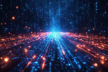Abstract digital art depicting a futuristic, glowing pathway of blue and orange light streams.