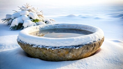 Fototapeta premium Frozen Wonderland: Serene Snow-Covered Stone Basin Photography - Winter Scene