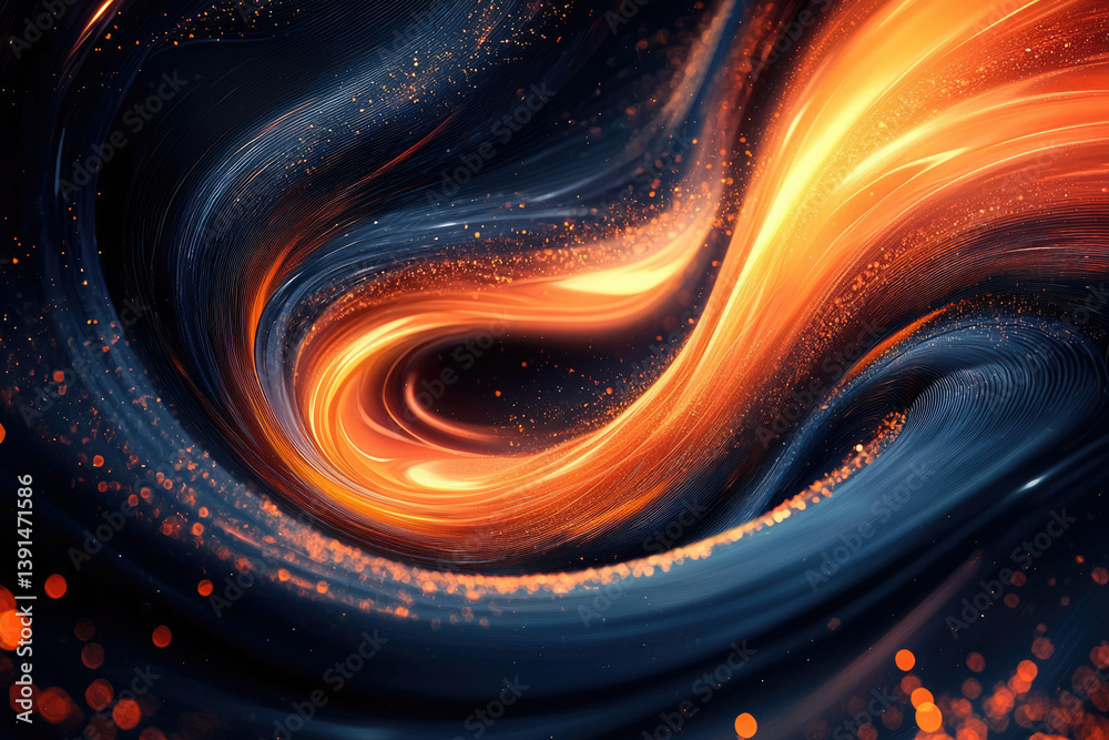 Fototapete Abstract swirling vortex of orange and blue hues, speckled with glittering particles, creating a dynamic and mesmerizing visual.