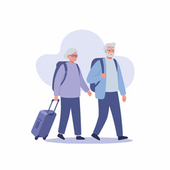 Elderly couple walking happily with luggage against a soft background  