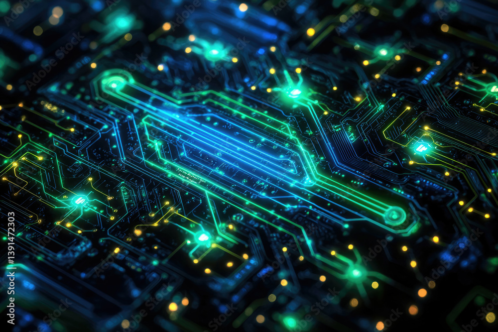 Aufkleber Abstract close-up of a glowing circuit board, showcasing intricate pathways and connections of data flow.