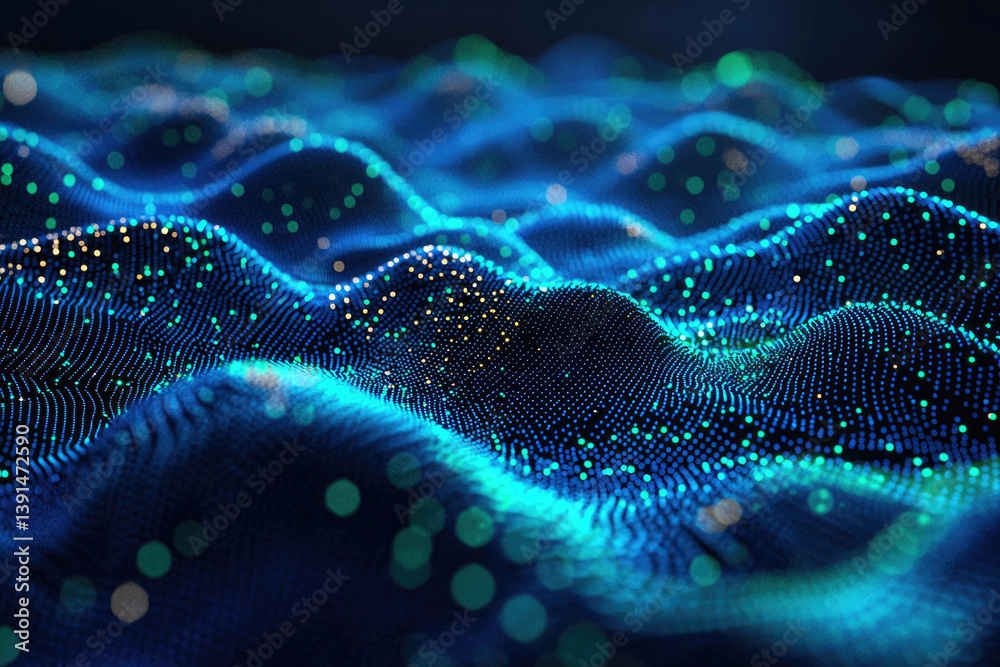Poster Abstract digital wave of glowing particles, representing data flow or network connections.
