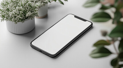 Modern smartphone with a blank white screen lying on a light desk next to a house plant in a minimalist interior.