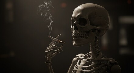 Skeleton smoking a cigarette in a dimly lit room  
