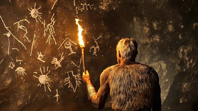 Ancient Cave Painting Depicting Figures Illuminated By A Torch Light Against A Dark Stone Wall with Textured Clothing