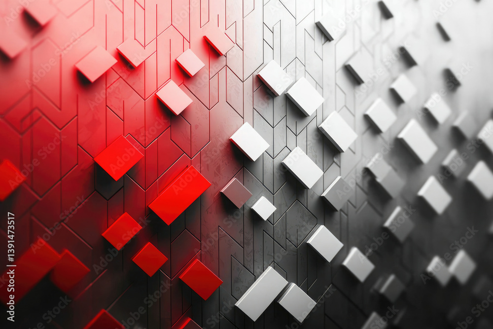 Aufkleber Abstract 3D rendering of red and white cubes on a geometric background.