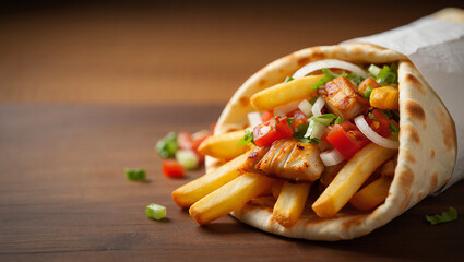 Shawarma with chicken, French fries and vegetables close-up on a brown background.