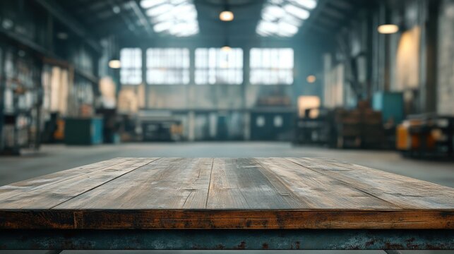 Rustic wooden table top with blurred industrial warehouse in the background. Perfect for product mockups, ads or showcasing industrial themes easily.