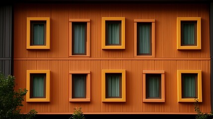 Fototapeta premium Colorful facade of a modern building featuring vibrant orange and yellow window frames