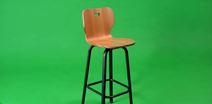 Wooden and metal bar stool against a green background.