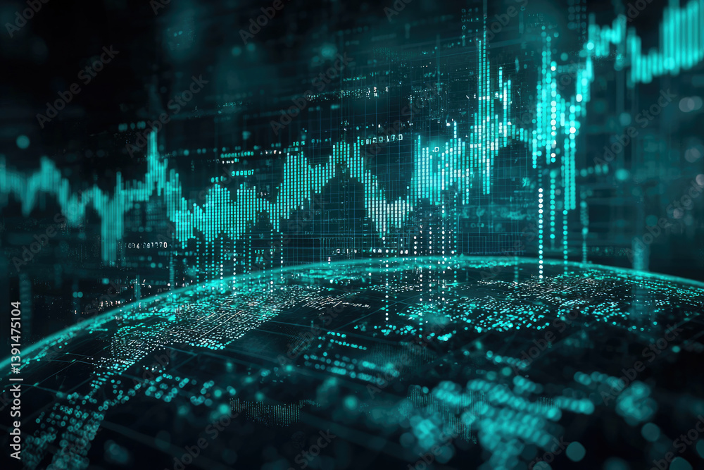 Aufkleber global financial data visualized as a dynamic, teal-colored graph on a world map, representing marke