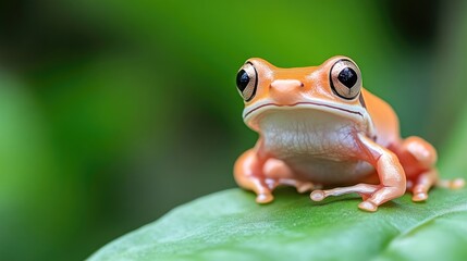 Small orange frog on a leaf.  Close-up view of a tiny, vibrant orange amphibian perched atop a lush green leaf.  Its large, expressive eyes and smooth skin are clearly visible.  Natural,