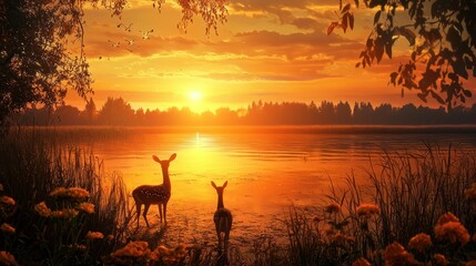 Two deer silhouetted at sunset by a calm lake.