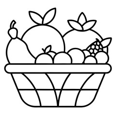 Fruit basket with assorted fruits line art vector  illustration