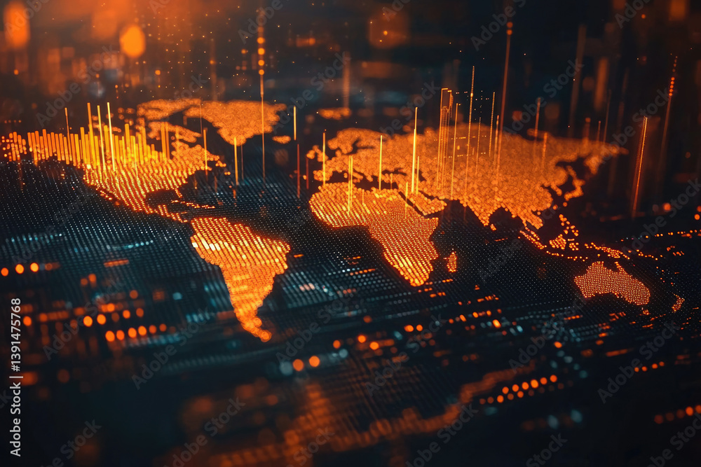 Fototapete global network, data streams illuminate world map, digital connectivity visualized.