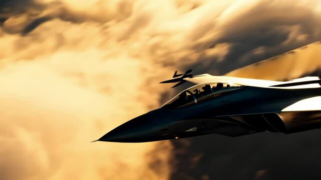 A sleek fighter jet glides gracefully over fluffy clouds illuminated by the warm glow of sunset. The aircraft showcases impressive engineering in a breathtaking sky setting.