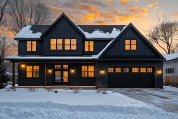 Modern farmhouse exterior at sunset, covered in snow.  Warm lighting illuminates the large windows
