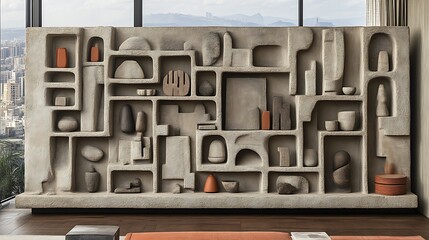 Obraz premium Abstract sculptural wall art with various sized niches and shapes containing small decorative objects.