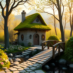 Full outdoor shot of a whimsical, fairytale-like scene. 