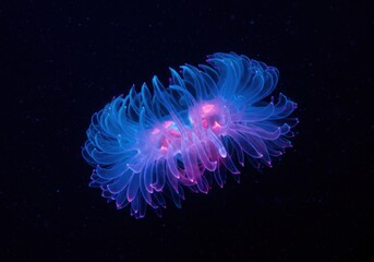 A vibrant jellyfish with blue and pink hues floating in the dark ocean water at night time view