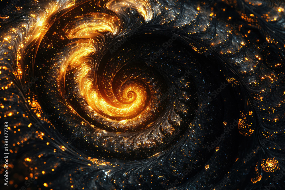 Poster a mesmerizing cosmic swirl of golden fire and dark matter, creating a stunning fractal pattern.