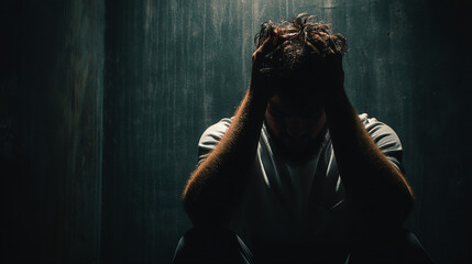 Man sitting in shadow with head in hands, emotional breakdown