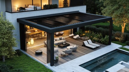 Fototapeta premium Modern outdoor living space with pergola, pool, and designer furniture. Showcase luxury homes, architecture, and upscale outdoor lifestyle design.