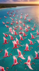 Award-Winning 8K Drone Image of Flamingos in Flight Over Turquoise Ocean at Golden Hour
